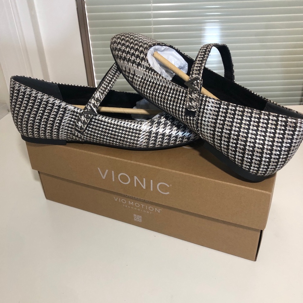 Vionic Alameda Mary Jane Flats 8.5 Metallic Houndstooth Square Toe Comfort NEW